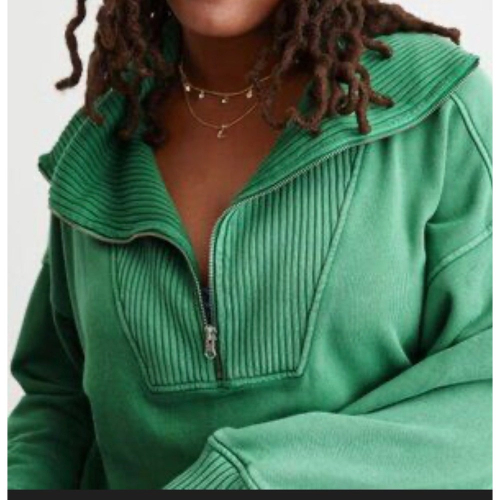 Aerie Green Oversized Quarter Zip Scuba Funnel Neck Cozy Athleisure L